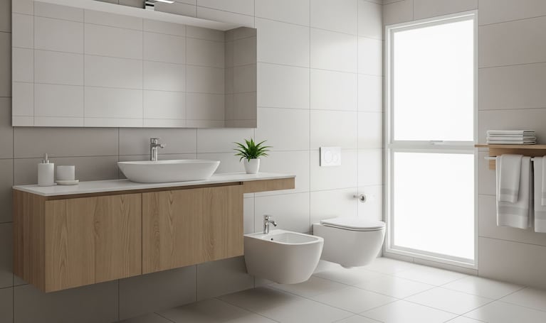 Cocina y baño, los ambientes más caros de renovar: cuánto cuesta y qué conviene hacer para evitar errores 4 Baño moderno con diseño minimalista donde se destacan los accesorios suspendidos y a la vista sólo lo esencial: grifería empotrada y espacio de guardado