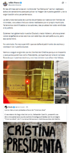 Lanús denuncia por «campaña sucia» las pintadas de «Cristina Libre» firmadas por La Cámpora