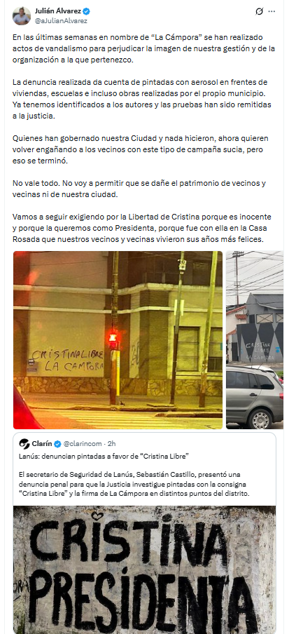 Lanús denuncia por «campaña sucia» las pintadas de «Cristina Libre» firmadas por La Cámpora
