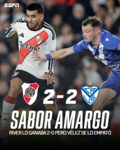 River empató 2 a 2 ante Vélez en el Monumental